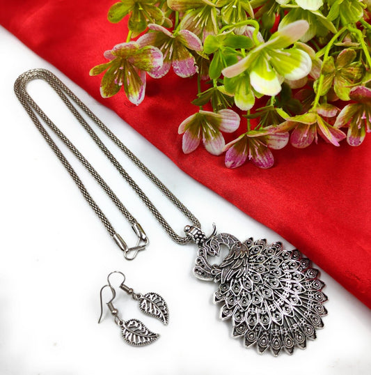 Oxidized Peacock Pendant Chain & Earrings Set for Women